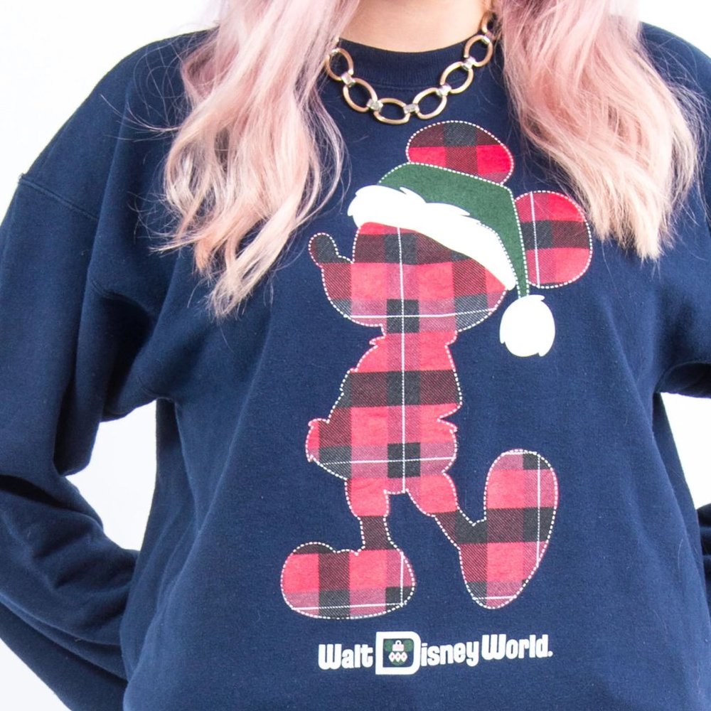 LIKE NEW! Disney World Resorts Navy Christmas Tartan Mickey Fleece Sweatshirt